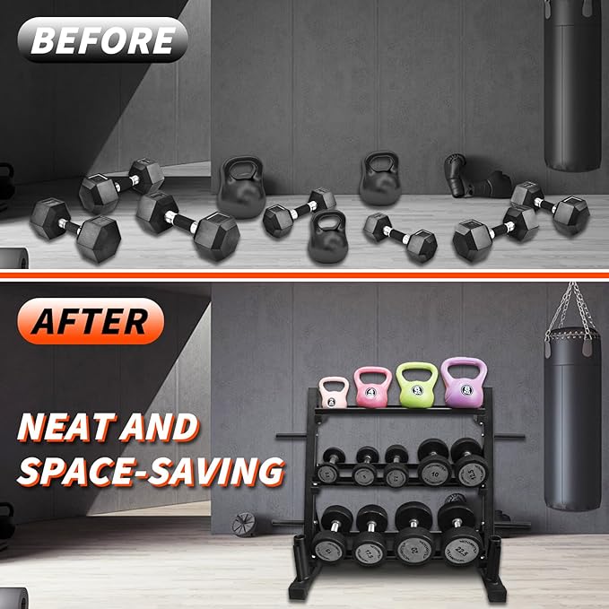 PENSUN Dumbbell Rack – 3 Tier Adjustable Weight Storage Stand with Side Barbell Plate Holder – Multi Purpose Home Gym Organizer for Dumbbells, Kettlebells, Barbell