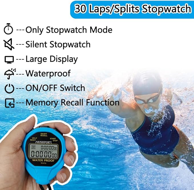 Waterproof Stopwatch Timer 30 Laps/Splits Only Stopwatch Mode, ON/Off Silent Memory Recall Large Display Simple Operation, Digital Stop Watch for Sports Coaches, Blue