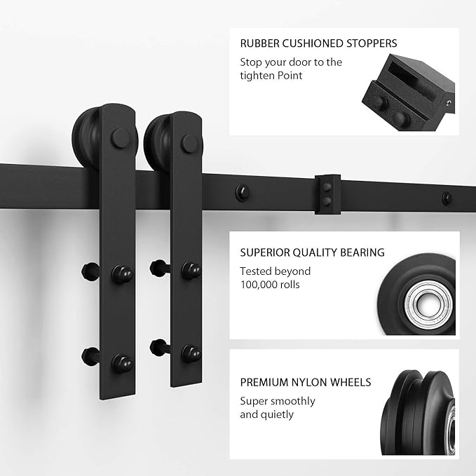 SMARTSTANDARD 6 FT Heavy Duty Sturdy Sliding Barn Door Hardware Kit, Black, (Whole Set Includes 1x Pull Handle Set & 1x Floor Guide) Fit 34''-36" Wide Door Panel (I Shape Hanger)