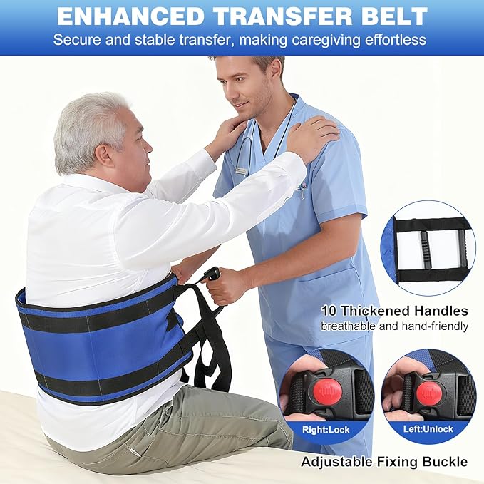 Rhino Valley Transfer Sling, Gait Belt with 10 Padded Handles, 9.7" Extra Wide Transfer Belt for Seniors, 330lbs Heavy Duty Lift Assist for Bed, Wheelchai,Non-Slip Nursing Belts Elderly, Injured, Blue