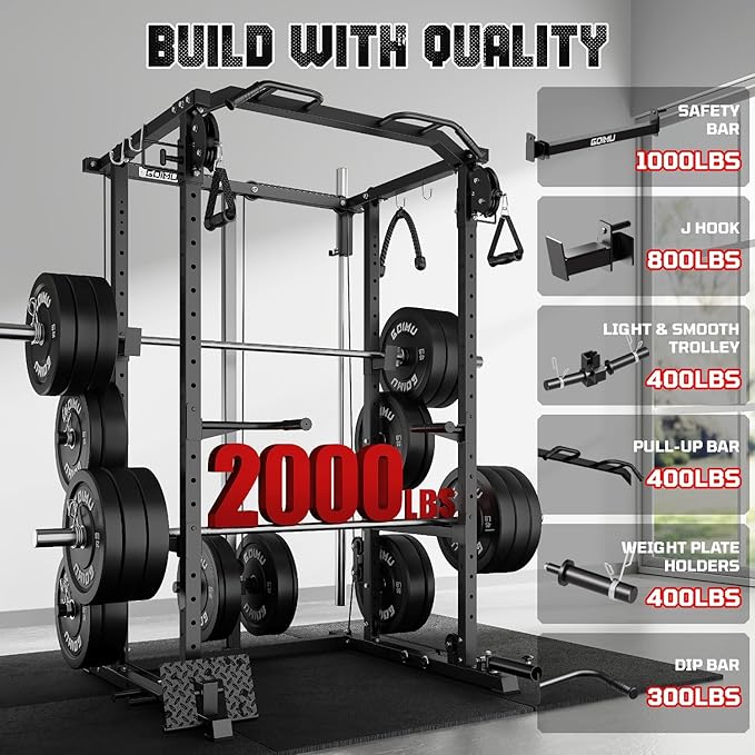R1-V4 Power Cage Rack, 2000LB Squat Rack with Cable Crossover System, Multi-Function Weight Cage, Home Gym Workout Machine with More Training Attachments