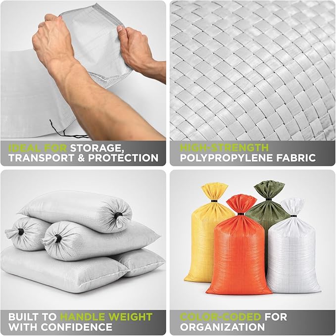 Heavy Duty Sand Bags Pack of 6, White Empty Sandbags with Built-In Ties, Woven Polypropylene UV Protection 1600 Hours, Fillable Bags for Flood Control, Weight, 36x48 inches, 175 Pounds Volume
