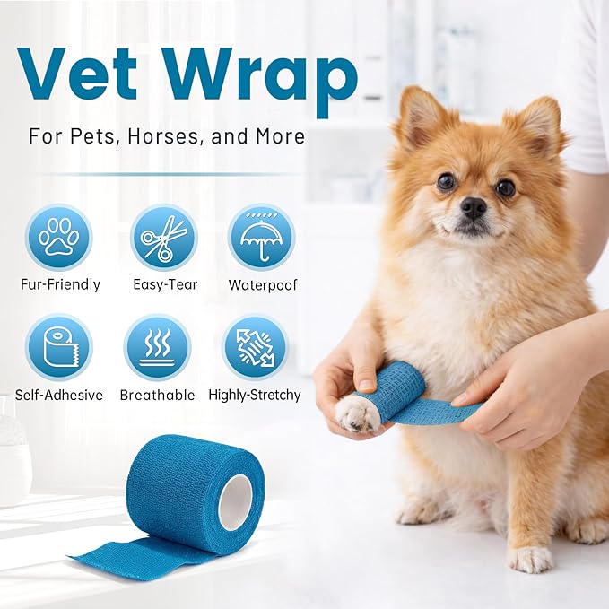 18 Pack Self Stick Bandage Wrap, Long Lasting Blue Adhesive Bandages, Flexible Breathable Self Adherent Wrap, 2 Inch Cohesive Bandage Tape, Versatile Elastic Support for Sports Wound