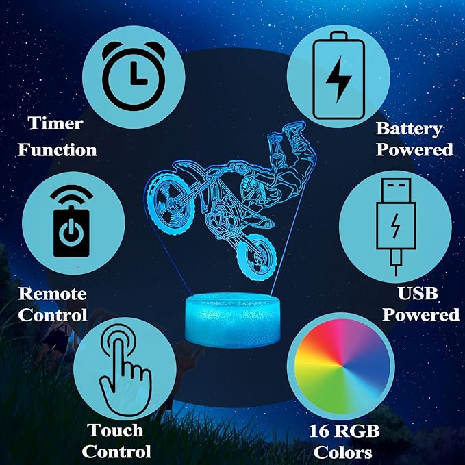 Dirt Bike Night Light, Dirt Bike Gifts for Boy, 3D Illusion Lamp with Remote Control, 16 Colors Changing, RGB Flashing Mode and Dimmable, Gifts for Boys Christmas Decor