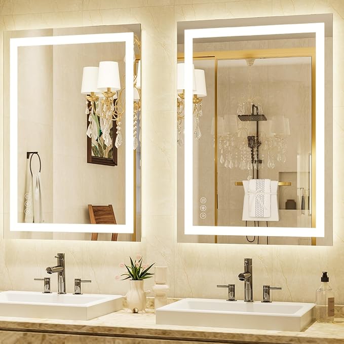 30'' x 40'' LED Bathroom Mirror with Lights, Wall Mirror with Front and Backlight, 3 Colors Vanity Mirror with Lights, Anti-Fog Wall Mirror for Bathroom