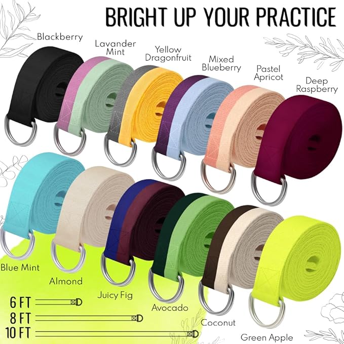 TECEUM Yoga Strap & Mat Strap – 2 IN 1 – Cotton – 6 ft 8 ft 10 ft (30+ colors) – Adjustable Non-Slip Belt for Yoga, Pilates, Stretching, Physical Therapy, Fitness & Home Workout – For Carrying Mats