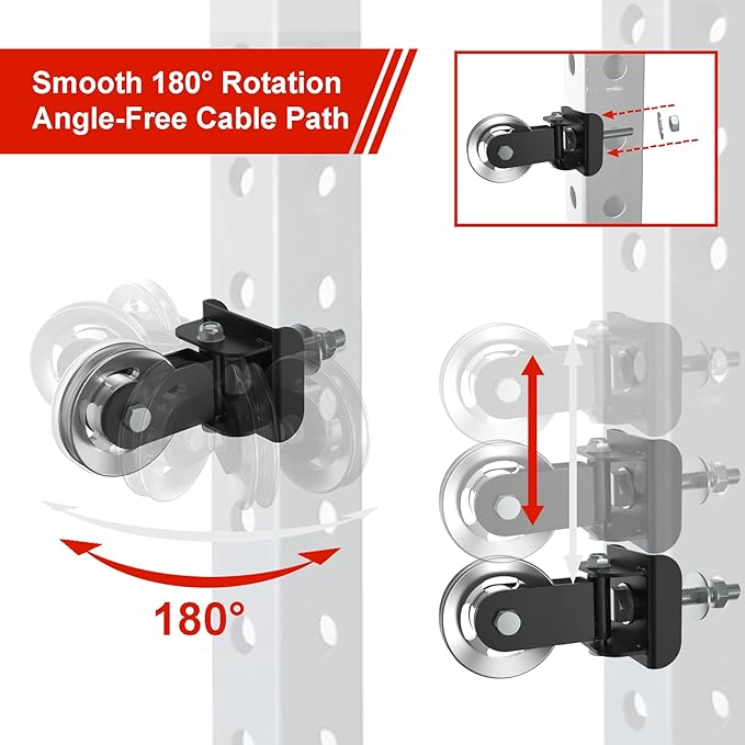 Aluminum Alloy Rotating Pulley Attachment for 3×3 Power Racks, Heavy-Duty Cable Pulley with 180° Pivot, Smooth CNC Machined Wheel, Bolt-On Cable Station Upgrade for Home Gym Training