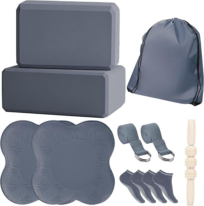 2 Yoga Blocks Supportive Accessories including 2 Knee Pads, 2 With Strap To Put Less Weight On Wrists, 1 Muscle Massage Roller, 2 Pair of Non-Slip Pilates Socks, 1 GYM Bag, Durable Versatile Yoga Brick Exercise Set of 10