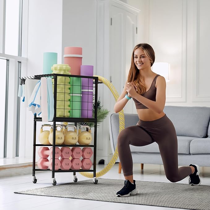 Dumbbell Rack for Home Weight Rack for Home Gym Yoga Mat Storage Rack Black Workout Equipment Storage Organizer with Hooks Yoga Mat Holder with Wheels for Yoga Block, Dumbbell, Resistance Band