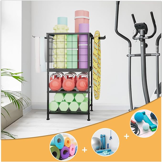 Dumbbell Rack for Home Weight Rack for Home Gym Yoga Mat Storage Rack Black Workout Equipment Storage Organizer with Hooks Yoga Mat Holder with Wheels for Yoga Block, Dumbbell, Resistance Band