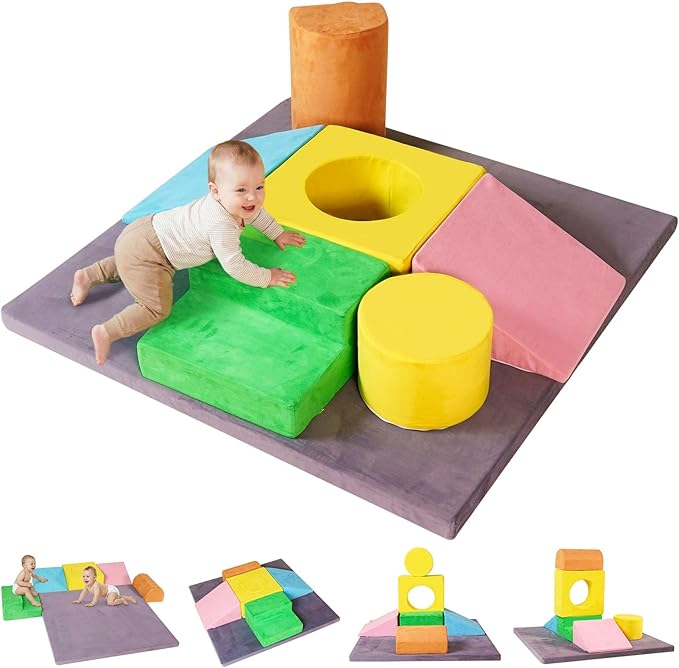 7-Piece Foam Climbing Blocks for Toddlers, Toddler Climbing Toys Indoor, Climb and Crawl Soft Foam Play Set with 47x47, 1.5" Thick Baby Play Mat for Floor, Removable & Machine-Washable Cover