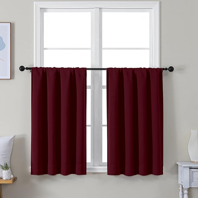 Simplebrand Ava Burgundy Short 36 Inches Blackout Curtain 2 Panels Set, Half Window Rod Pocket Privacy Curtain Tiers for Kitchen, Curtains Blackout for Bathroom Shades, W40 x L36 Inch, Burgundy