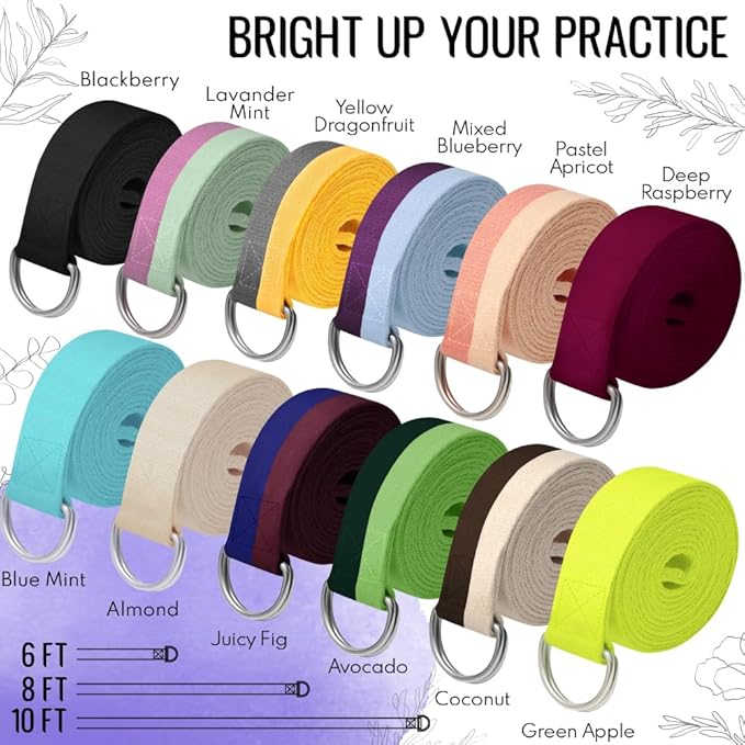 TECEUM Yoga Strap & Mat Strap – 2 IN 1 – Cotton – 6 ft 8 ft 10 ft (30+ colors) – Adjustable Non-Slip Belt for Yoga, Pilates, Stretching, Physical Therapy, Fitness & Home Workout – For Carrying Mats