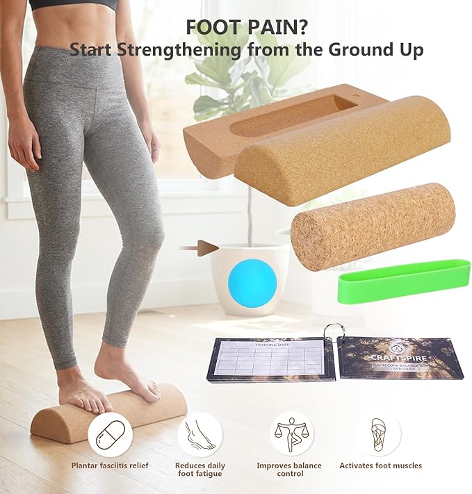 Cork Balance Board, 4-in-1 Foot & Ankle Strengthener Kit with Massage Roller & Ball, Toe Resistance Bands, Storage Bag, Exercise Guide & Training Log for Mobility & Plantar Fasciitis Care