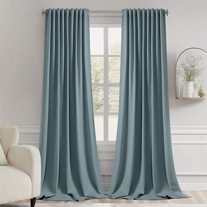 MIULEE Greyish Blue Back Tab Blackout Curtains 108 Inch Long 2 Panels Set for Bedroom, Rod Pocket/Pinch Pleat Extra Long Thermal Insulated Living Room Darkening Pleated Light Blocking Drapes