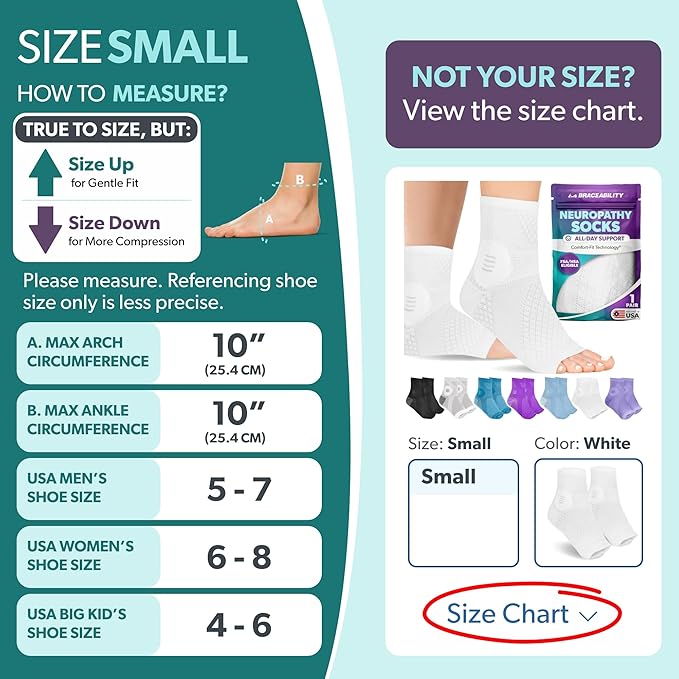 BraceAbility Neuropathy Socks (Pair) - Peripheral Neuritis Compression Diabetic Toeless Foot Sleeves for Nerve Damage Pain in Feet, Ankle Gout, Plantar Fasciitis Relief Brace for Men and Women (S - White)