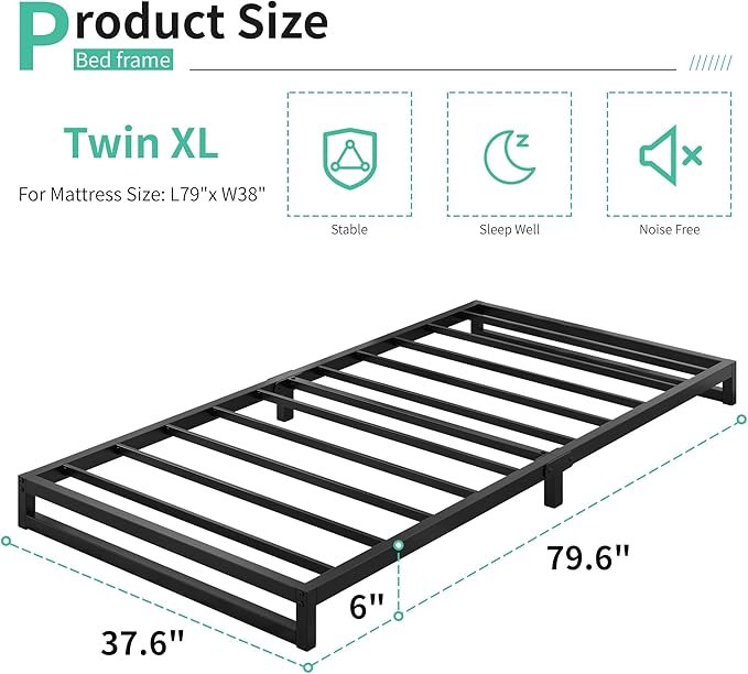 6 Inch Twin XL Bed Frames Heavy Duty Sturdy Metal Platform Bed Frame No Box Spring Needed, Noise Free, Easy Assembly, Black
