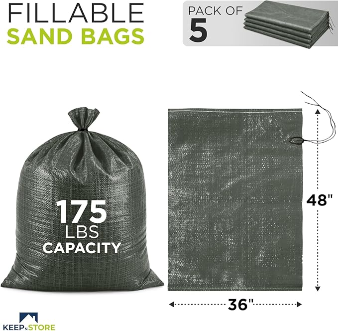 Heavy Duty Sand Bags Pack of 5, Army Green Empty Sandbags with Built-In Ties, Woven Polypropylene UV Protection 1600 Hours, Fillable Bags for Flood Control, Weight, 36x48 inches, 175 Pounds Volume