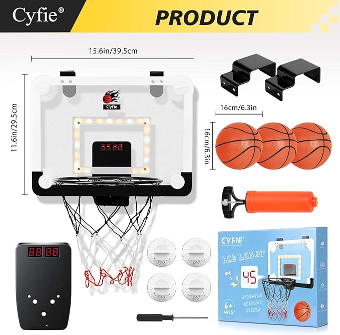 CYFIE LED Basketball Hoop, Suction Cup/Over The Door Basketball Hoop with Sturdy Backboard/Electronic Scoreboard, Sound, 3 Balls, Mini Indoor Basketball Toy Gifts for Kids Teens Boys Girls Youth