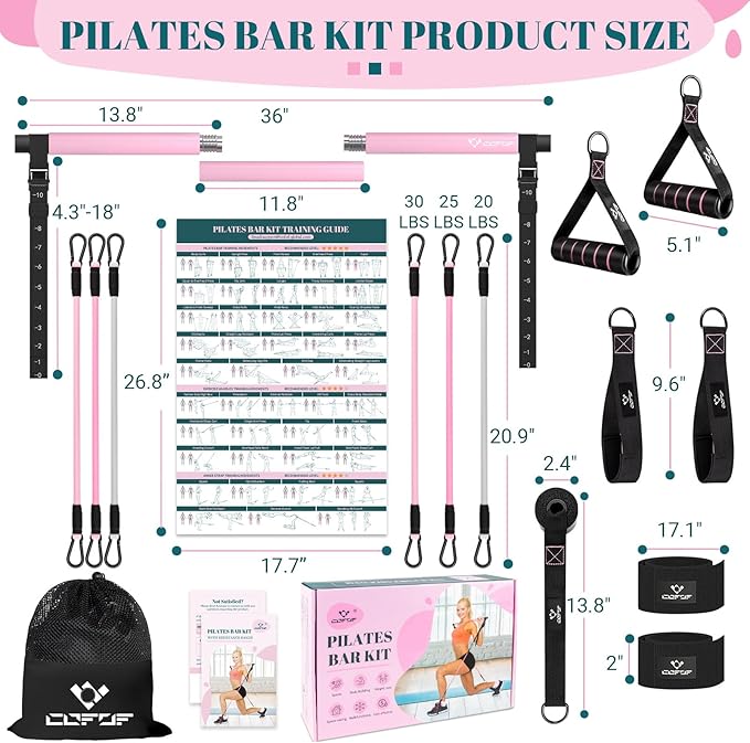 COFOF Pilates Bar Kit with Resistance Bands, Multifunctional Yoga Pilates Bar with Heavy-Duty Metal Adjustment Buckle, Portable Home Gym Pilates Resistance Bar Kit for Women Full Body Workouts