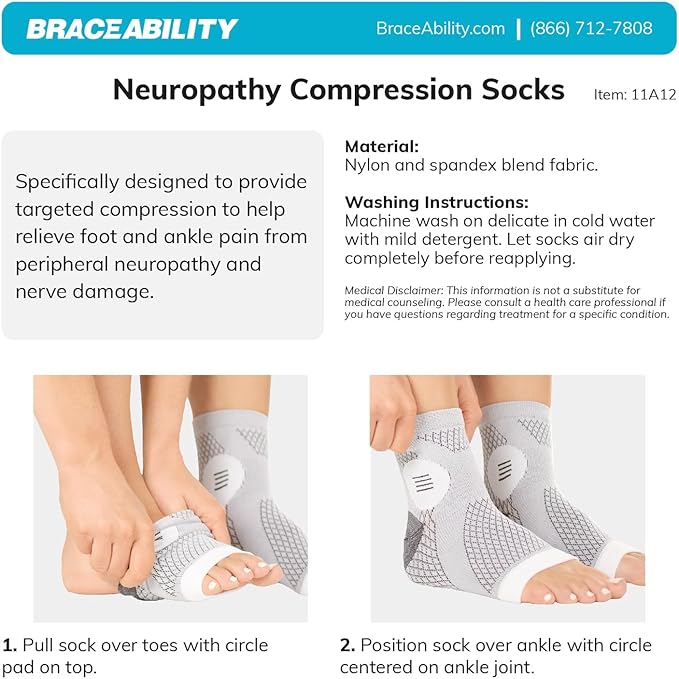 BraceAbility Neuropathy Socks (3 Pairs) - Multipack Peripheral Compression Diabetic Toeless Foot Sleeves for Nerve Damage in Feet, Ankle Gout, Plantar Fasciitis Relief for Men and Women (S - Gray)