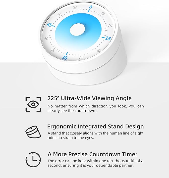 Visual Timer for Adults Teenager - Timers for Classroom Teachers 60 Minutes Countdown Home School Study Tool, Non-Ticking Rotating Timer for Exam Work Kitchen Office Gym, 1 Pack