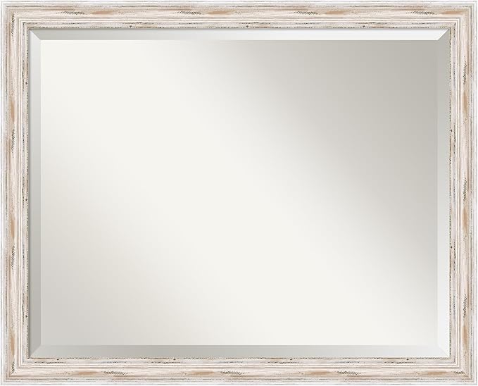 Amanti Art White Bathroom Mirror for Over Sink, 25x31 Alexandria White Wash Narrow Rectangle Vanity Mirror, Large Cottage Wood Frame, Hangs Horizonally and Vertically, Bathroom Wall Decor, Beveled