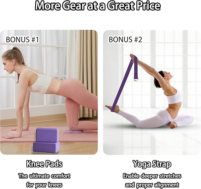 2 Yoga Blocks Supportive Accessories including 2 Knee Pads, 2 With Strap To Put Less Weight On Wrists, 1 Muscle Massage Roller, 2 Pair of Non-Slip Pilates Socks, 1 GYM Bag, Durable Versatile Yoga Brick Exercise Set of 10