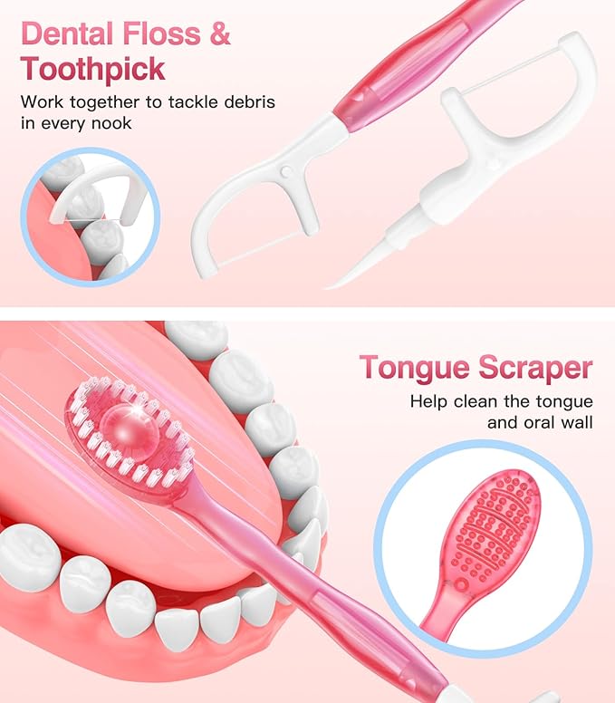 24 Pack 5-in-1 Disposable Toothbrushes with Toothpaste, Floss, Pick & Tongue Scraper, Portable Mini Toothbrush Travel Set for Kids Adults, Individually Wrapped, Work Camping, Peach Flavor