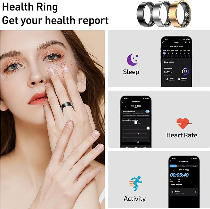 Smart Ring Health Tracker, Sleep&Exercise Monitor Heart Rate,Blood Oxygen,Fitness Trackers for Man&Women -Long Lasting Batteries,Waterproof Sleep Tracking Wearable (Rose Gold, 12)