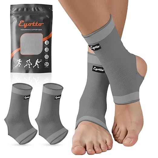 eYotto Open-Heel Ankle Sleeves (2 Pair), Breathable Foot & Ankle Compression Support for Swelling, Plantar Fasciitis & Sprain Relief for Men & Women(Gray)