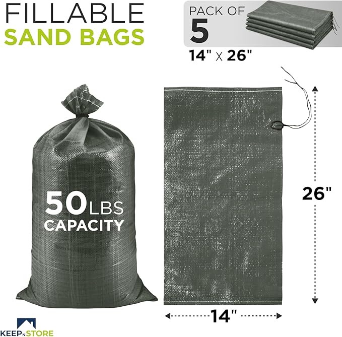 Heavy Duty Sand Bags Pack of 5, Army Green Empty Sandbags with Built-In Ties, Woven Polypropylene UV Protection 1600 Hours, Fillable Bags for Flood Control, Weight, 14x26 inches, 50 Pounds Volume