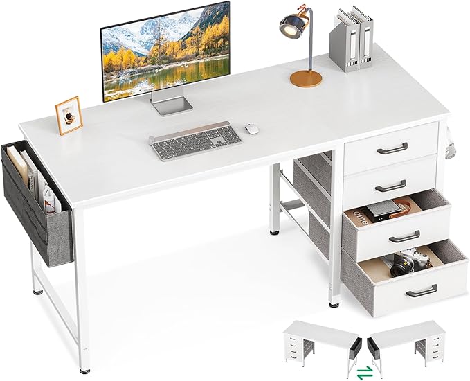 Casaottima 48-Inch Computer Desk with 4 Fabric Drawers — Home Office Desks with Storage, Writing Desk with Side Hook and Cloth Bag, Modern Study/Work Table for Bedroom and Small Space, White