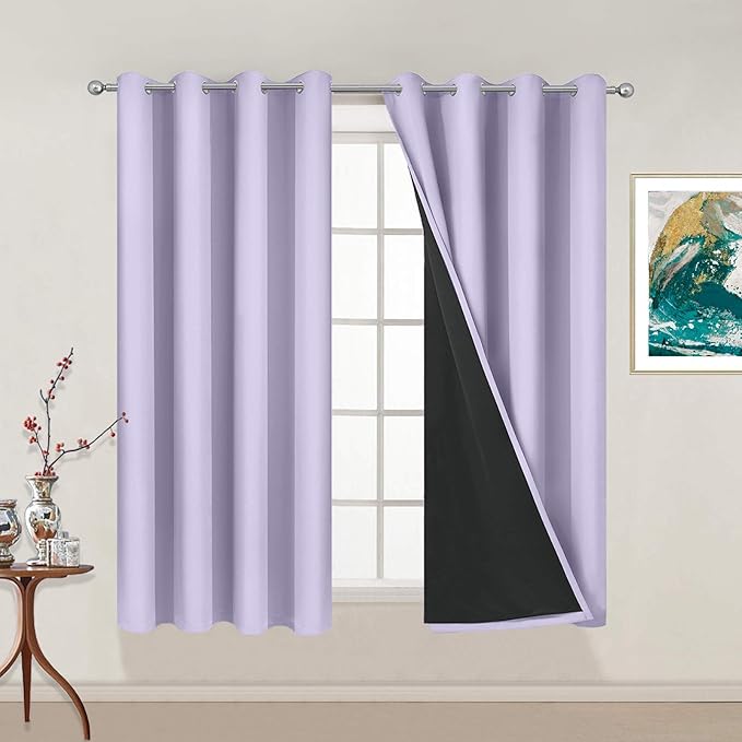 Yakamok 100% Blackout Curtains 54 Inches Long, 2 Thick Layers Thermal Insulated Window Treatment with Black Liner, Heat and Full Light Blocking Drapes for Bedroom(52Wx54L, Lilac, 2 Panels)