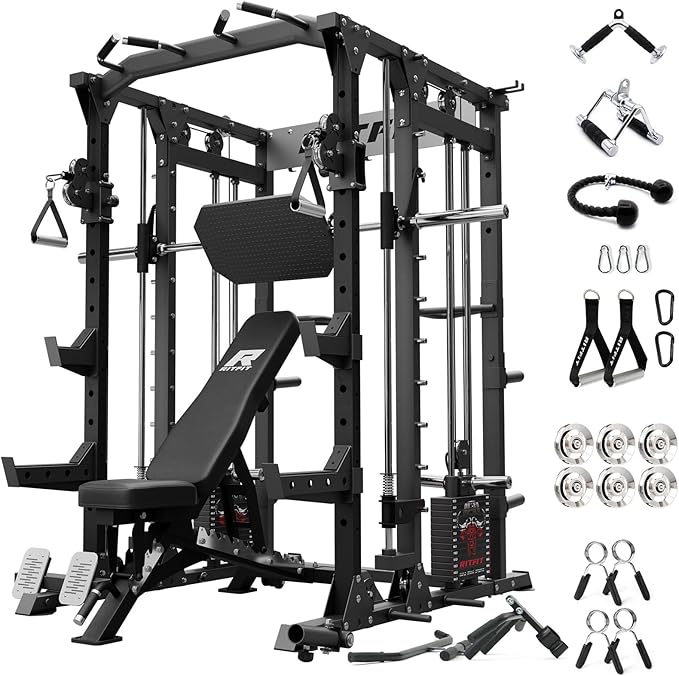 RitFit Buffalo Smith Machine Package, All-in-One Power Cage with Weight Stack , Power Rack with Cable Crossover & Leg Press Attachment for Home Gym