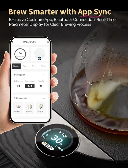 Cocinare Balance Pro Smart Coffee Scale with Timer and Water Flow Rate, Espresso Scale for Pour Over and Barista Brewing, Brew Assist Mode, 0.05g Precision, 3.5kg Digital Scale, App Control (White)