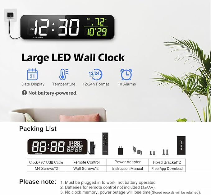 15.2" Gym Timer, App & Remote Control, Customizable LED Colors, Temperature, Date, Workout Interval Timer Stopwatch Countdown Large Digital Wall Clock for Home Gym Garage