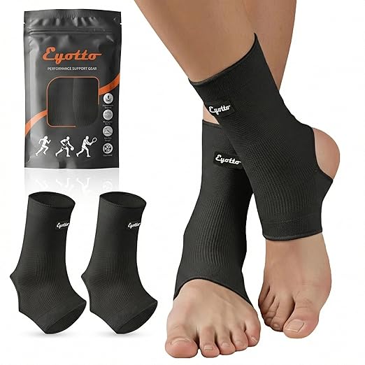 eYotto Open-Heel Ankle Sleeves (1 Pair), Breathable Foot & Ankle Compression Support for Swelling, Plantar Fasciitis & Sprain Relief for Men & Women(Black)