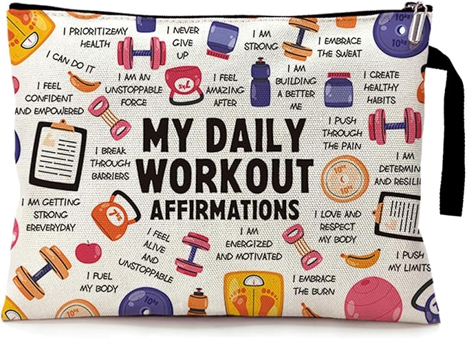 My Daily Workout Affirmations Funny Fitness Cosmetic Bag, Canvas Toiletry Storage Pouch Travel Zipper Makeup Bag, Gym Survival Kit for Women Sister Coworker Friens, Inspirational Mental Health Gifts