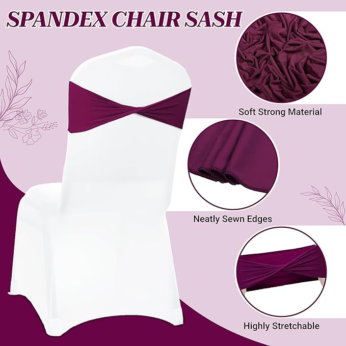 VDS Pack of 100 PCS | Eggplant | Spandex Chair Sashes Bows Without Buckle | Stretch Elastic Banquet Universal Folding Chair Band Tie with for Wedding Party Conference Celebration Event Decoration