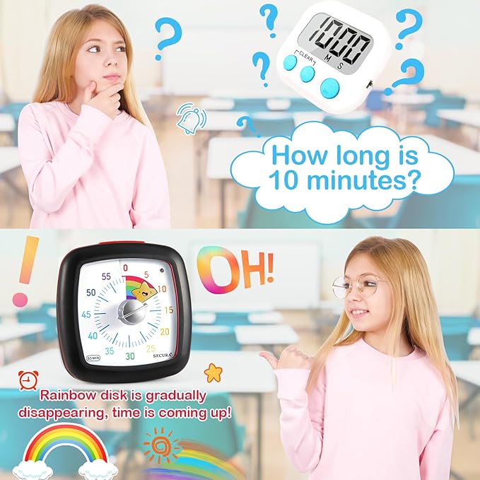 Secura 60-Minute Visual Timer, Silent Study Timer for Kids and Adults, Time Clocks, Time Management Countdown Timer for Teaching (Black & Star)