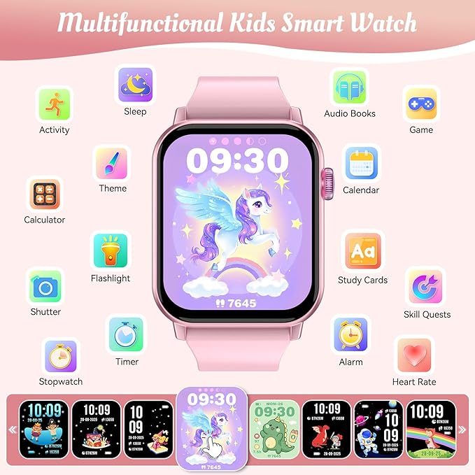 Smart Watch for Kids, 12 Puzzle Games HD Touch Screen Watches, Step Counter, Heart Rate and Sleep Monitor, Flashlight, 12/24 hr Educational Toys Birthday Gifts for Girls Ages 6-12 (Pink)
