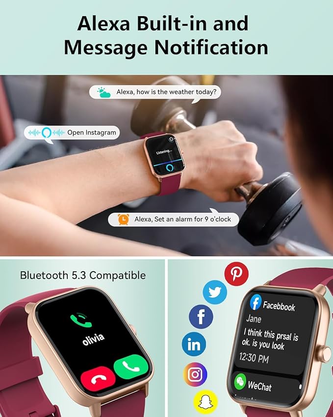 Quican Smart Watches for Women/Men, Smart Watch for Android Phones and iPhone Compatible, Alexa Built-in, 1.8" Fitness Watches for Women, IP68 Waterproof/Bluetooth Call, Heart Rate/Sleep Monitor, Red