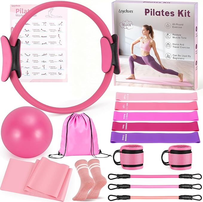 Home Pilates Essentials Kit for Women, Magic Circle Pilates Equipment Ring and Ball Set, Resistance Bands Workout Guide Video for 28 Day Pilates Challenge Starter Kit for Beginners