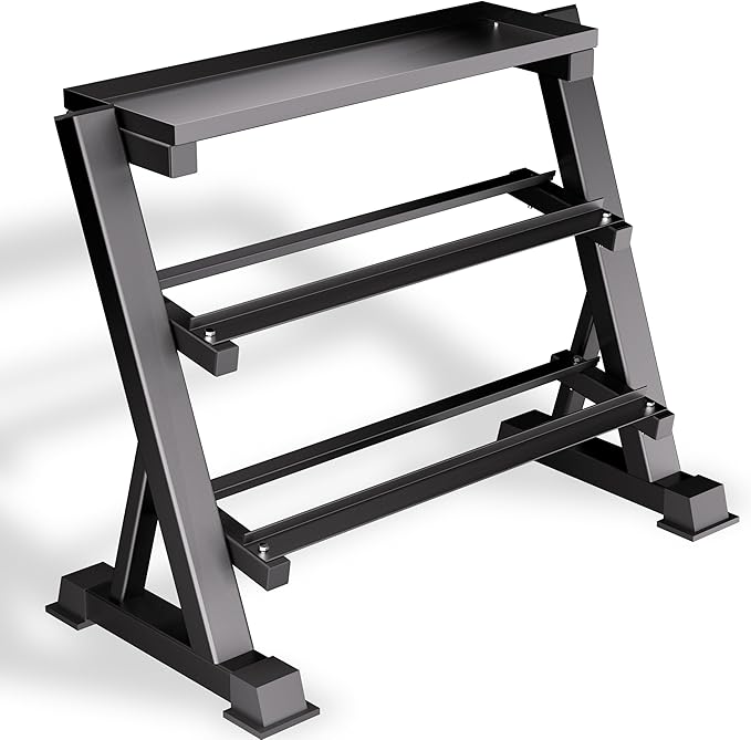 Heavy Duty 3 Tier Dumbbell Rack Stand, 1200LBS Commercial Weight Storage Organizer for Home Gym (Select Frame Type: Kettlebell Flat Tray, All Rails, or Rolling Wheels), Stand Only