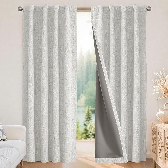 Joydeco Linen Blackout Curtains for Bedroom - 100% Light Blocking 1 Panels, White Drapes 100" W x 120" L, Thermal Insulated Room Darkening Curtains for Living Room, Rod Pocket & Back Tabs
