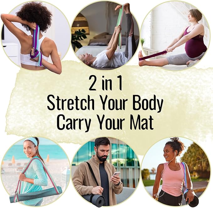 TECEUM Yoga Strap & Mat Strap – 2 IN 1 – Cotton – 6 ft 8 ft 10 ft (30+ colors) – Adjustable Non-Slip Belt for Yoga, Pilates, Stretching, Physical Therapy, Fitness & Home Workout – For Carrying Mats