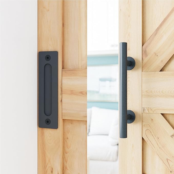 SMARTSTANDARD 8.2 FT Heavy Duty Sturdy Sliding Barn Door Hardware Kit, Black, (Whole Set Includes 1x Pull Handle Set & 1x Floor Guide) Fit 42"-48" Wide Door Panel (I Shape Hanger)
