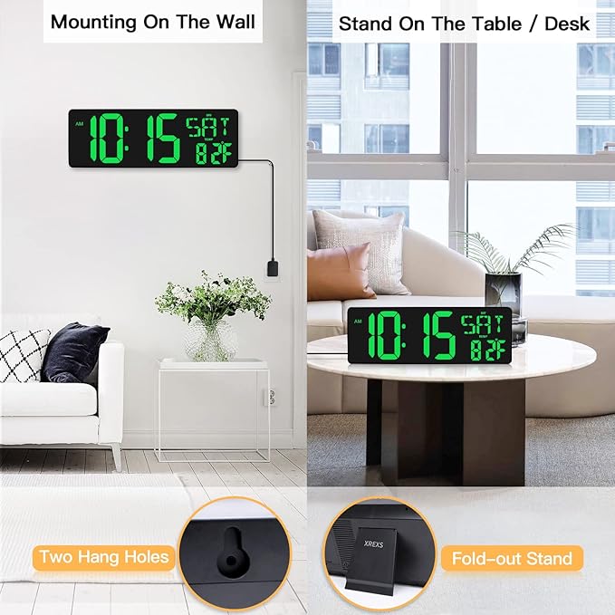 XREXS Large Digital Wall Clock with Remote Control, 16.5 Inch LED Display, Count Up & Down Timer, Adjustable Brightness, Plug-in Alarm Clock with Day/Date/Temperature for Home, Gym, Classroom