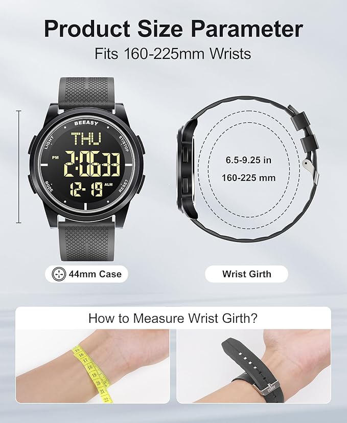 Beeasy Digital Watch for Men Women, 50M Waterproof, Ultra-Thin & Lightweight, 44mm Silicone Sports Watch with Alarm, Stopwatch, Countdown, Ideal for Gym, Running, School, Daily Wear